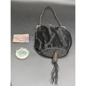 Vintage 1920s-30s Art Deco Black Velvet Flapper Evening Purse Tassel Mirror Coin